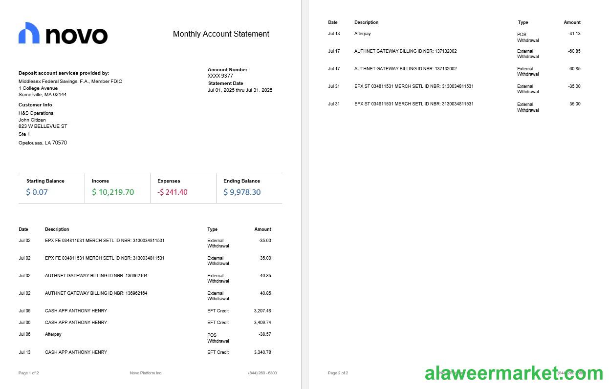 Novo Platform INC online business banking statement, 2 pages